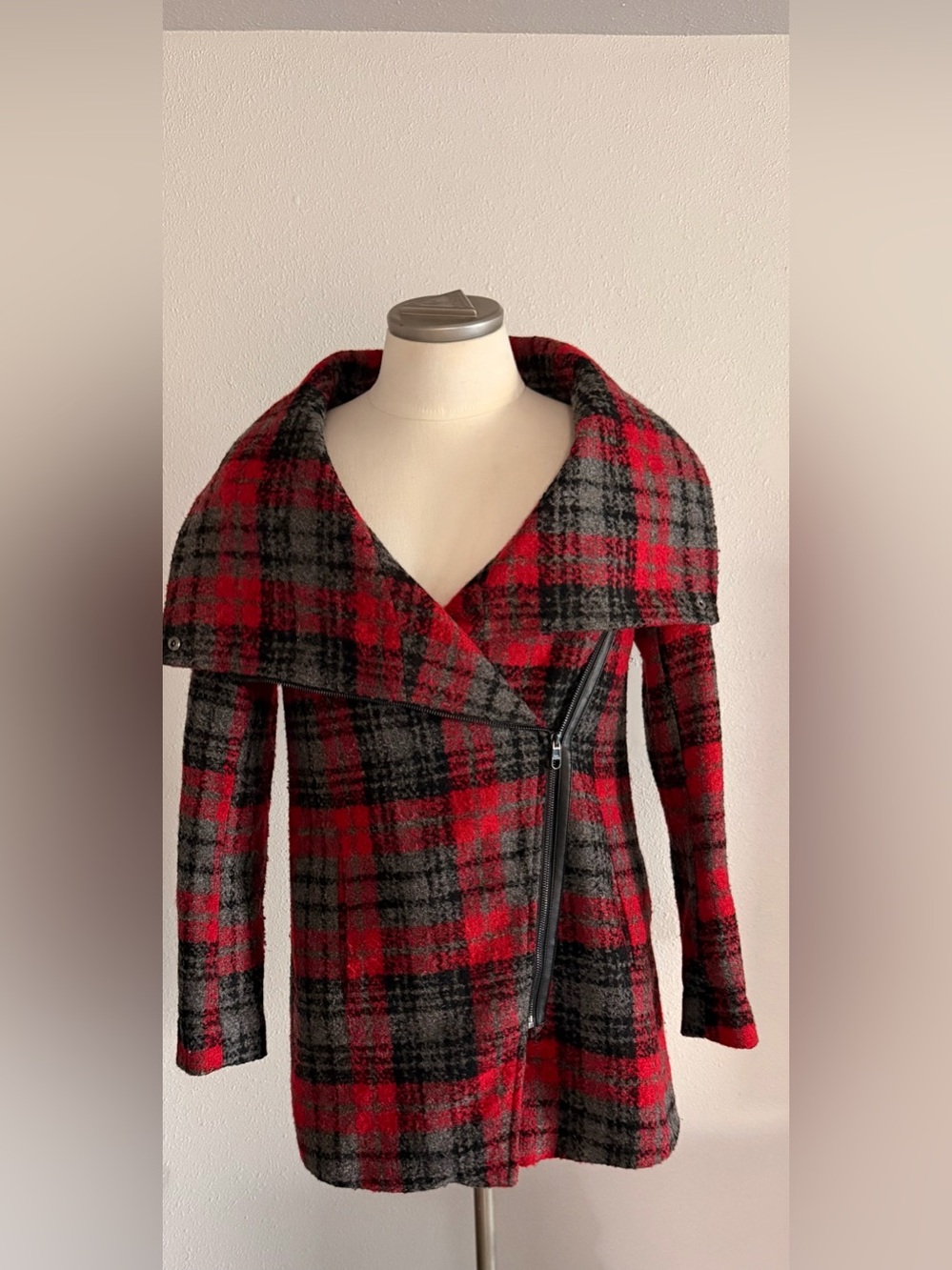 Steve Madden Red & Gray Plaid Pea Coat Small